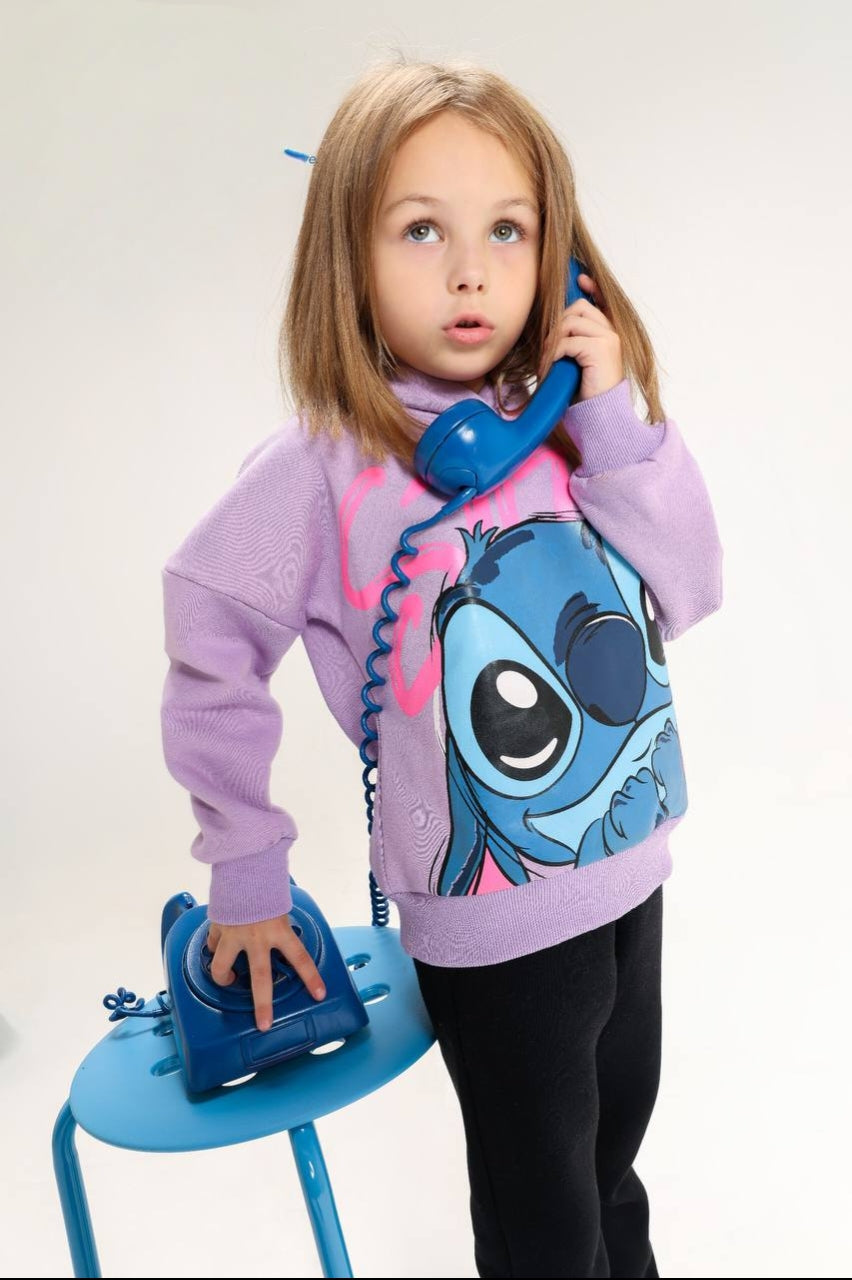 Girls’ Stitch Graphic Hoodie & Jogger Pants Set – Lavender and Black Two-Piece Outfit