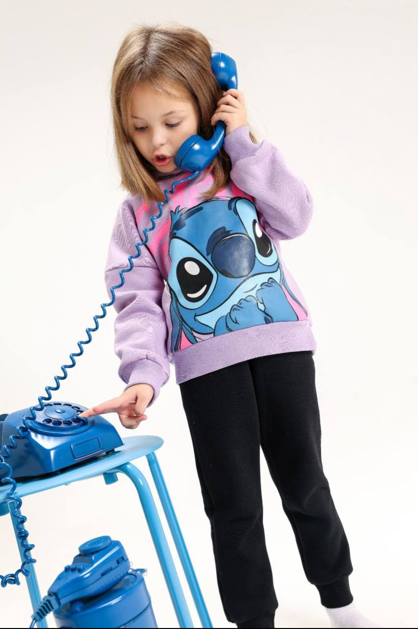 Girls’ Stitch Graphic Hoodie & Jogger Pants Set – Lavender and Black Two-Piece Outfit