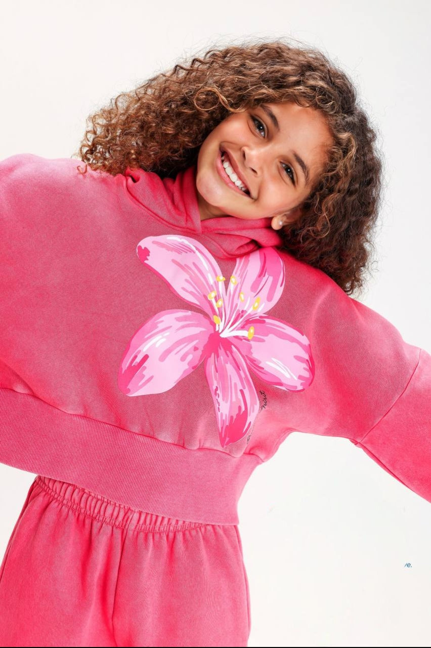 Girls’ Floral Graphic Hoodie & Wide-Leg Pants Set – Pink Two-Piece Casual Outfit