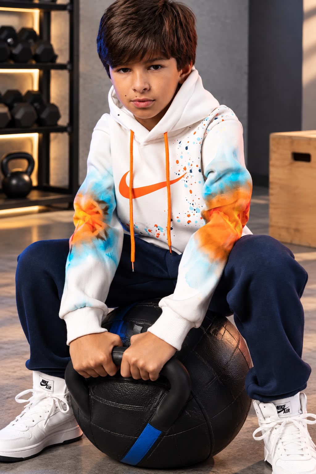 Boys’ Nike Graphic Hoodie & Jogger Pants Set – White and Navy Sporty Two-Piece Outfit