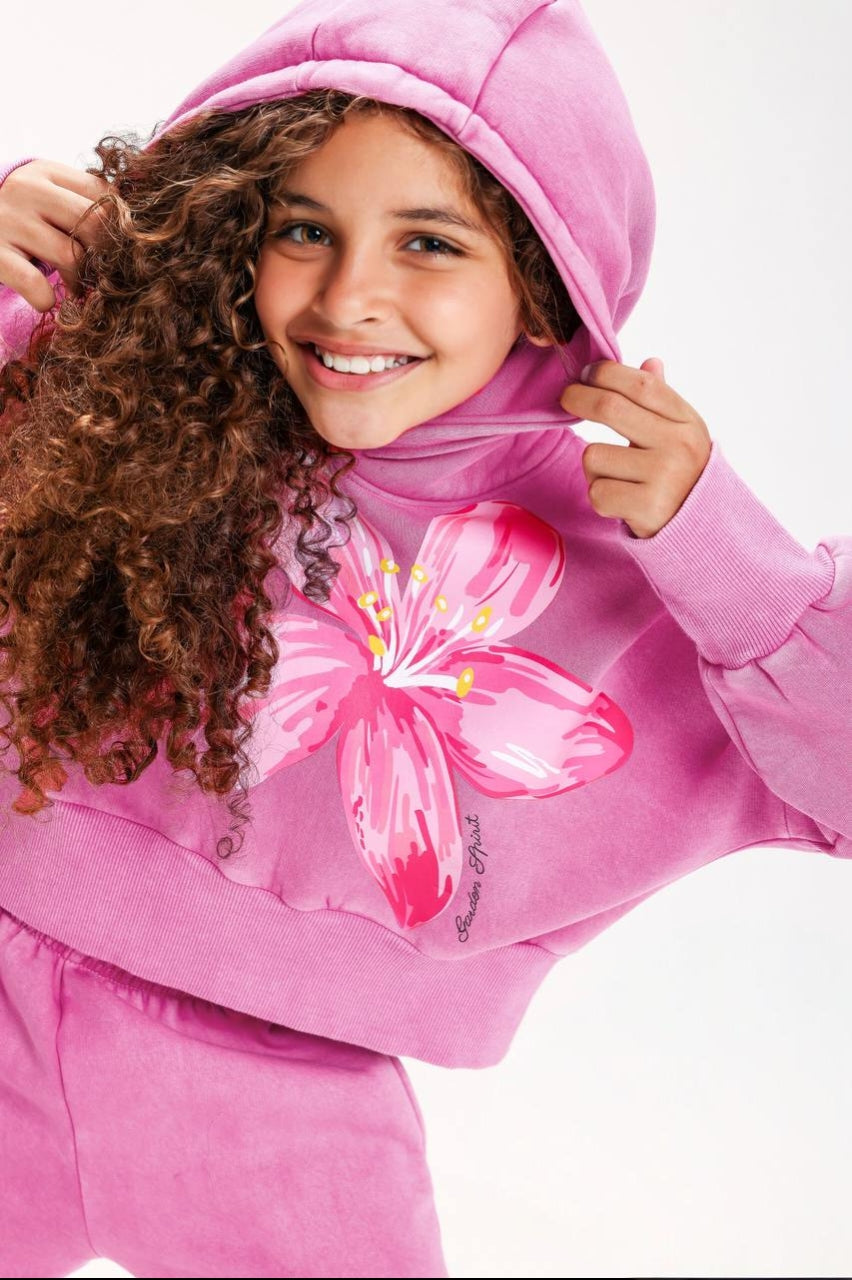 Girls’ Pink Floral Hoodie & Jogger Pants Set – Cute Graphic Two-Piece Outfit