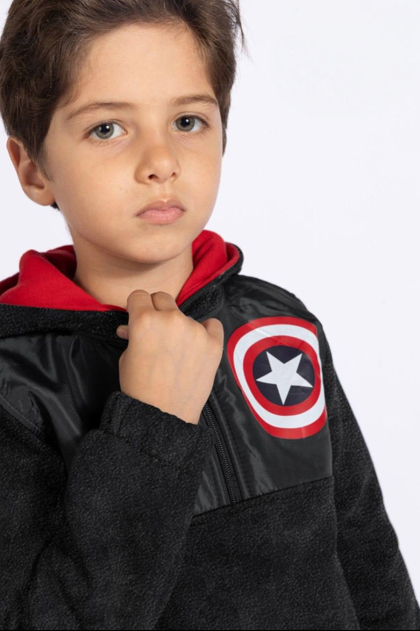 Boys Captain America Fleece Hoodie – Black Zip-Up Jacket with Red Hood