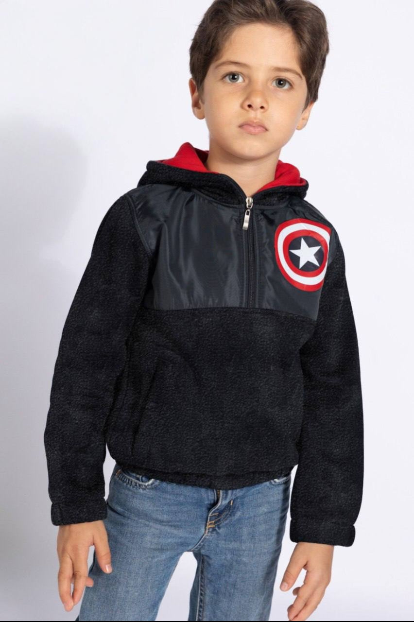 Boys Captain America Fleece Hoodie – Black Zip-Up Jacket with Red Hood
