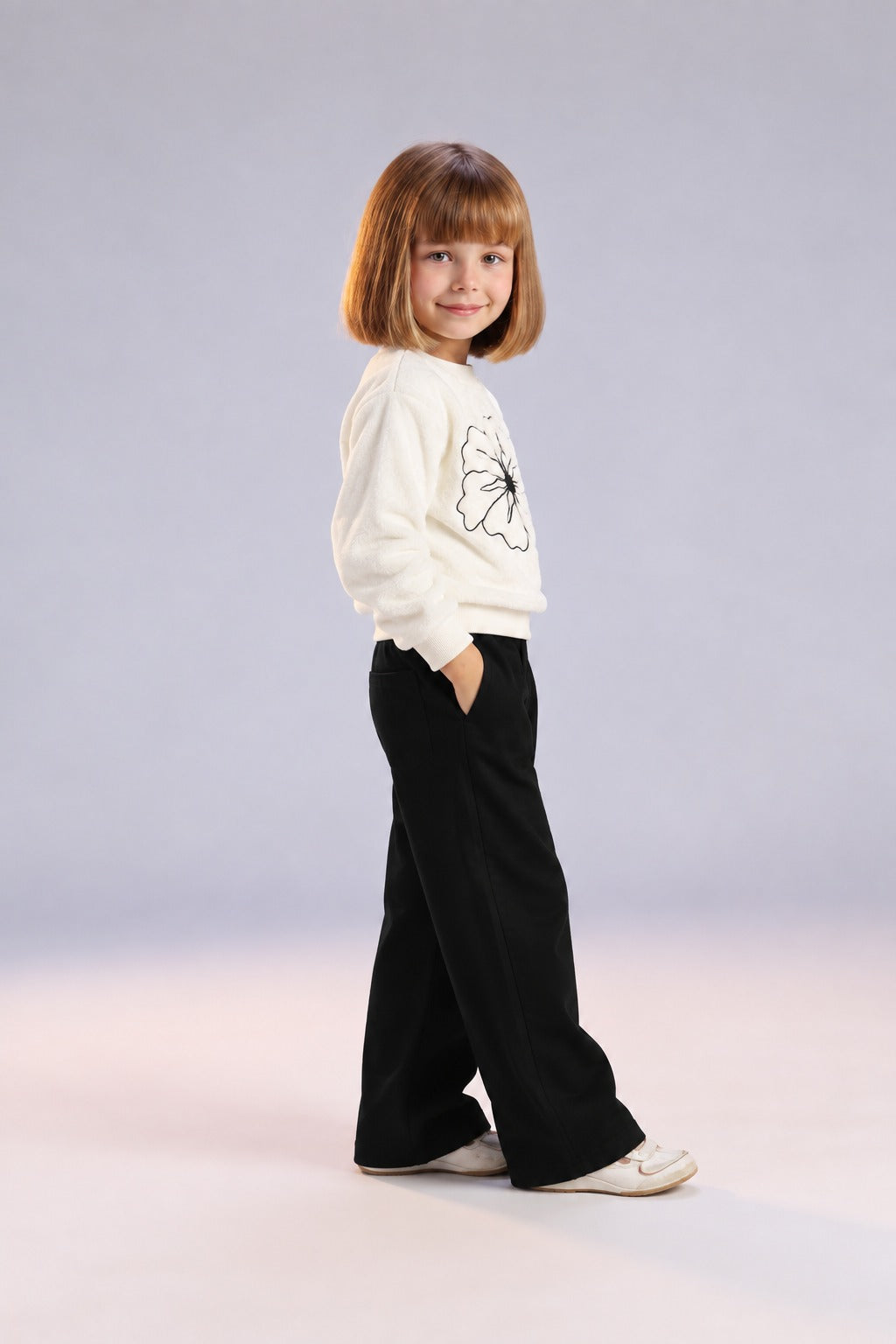 Girls Floral Plush Sweatshirt & Wide-Leg Pants Set – Cream & Black