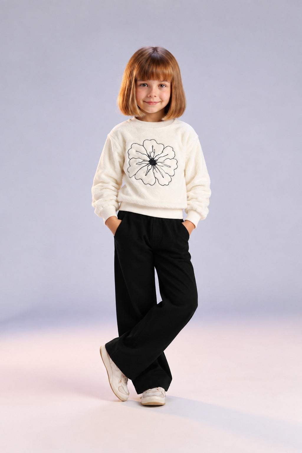 Girls Floral Plush Sweatshirt & Wide-Leg Pants Set – Cream & Black
