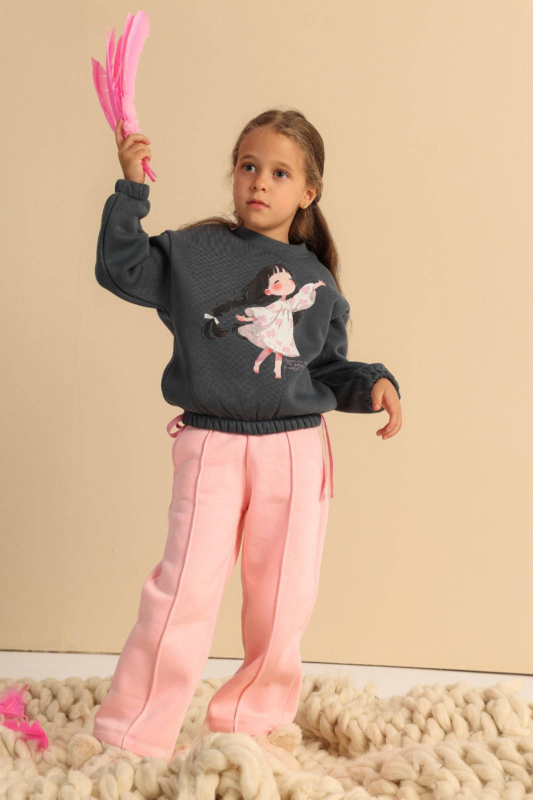 Girls’ Fairy Graphic Sweatshirt & Wide-Leg Pants Set – Charcoal & Pink