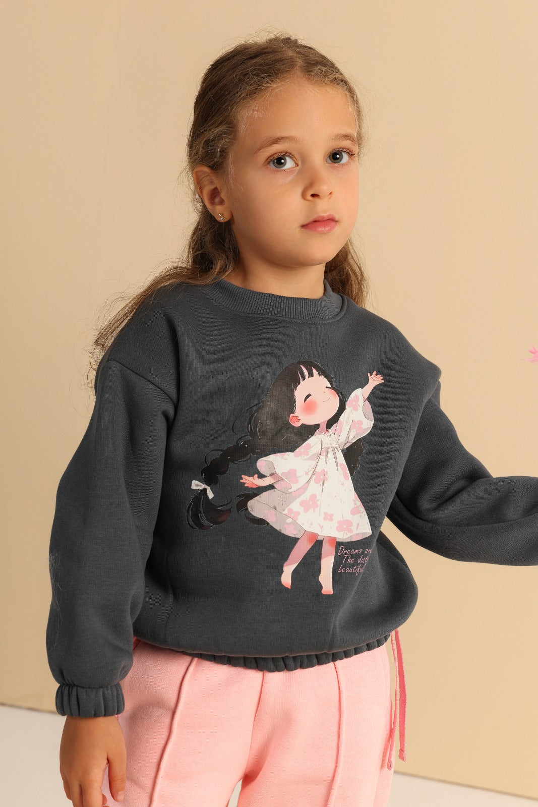 Girls’ Fairy Graphic Sweatshirt & Wide-Leg Pants Set – Charcoal & Pink
