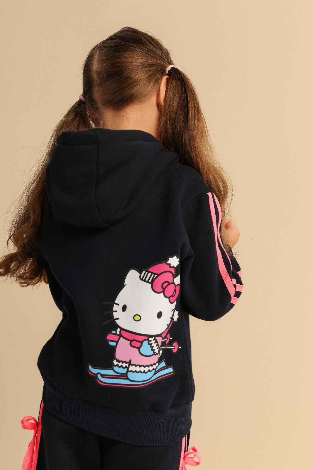 Girls’ Hello Kitty Black Tracksuit Set with Pink Stripes & Side Lace-Up Details – Hoodie and Wide-Leg Pants