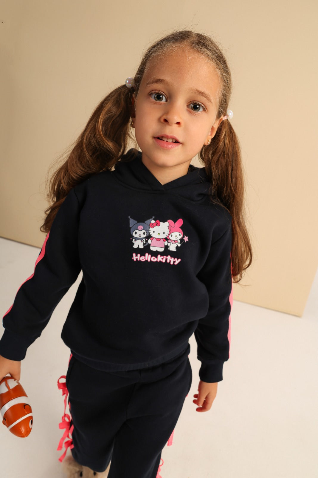 Girls’ Hello Kitty Black Tracksuit Set with Pink Stripes & Side Lace-Up Details – Hoodie and Wide-Leg Pants