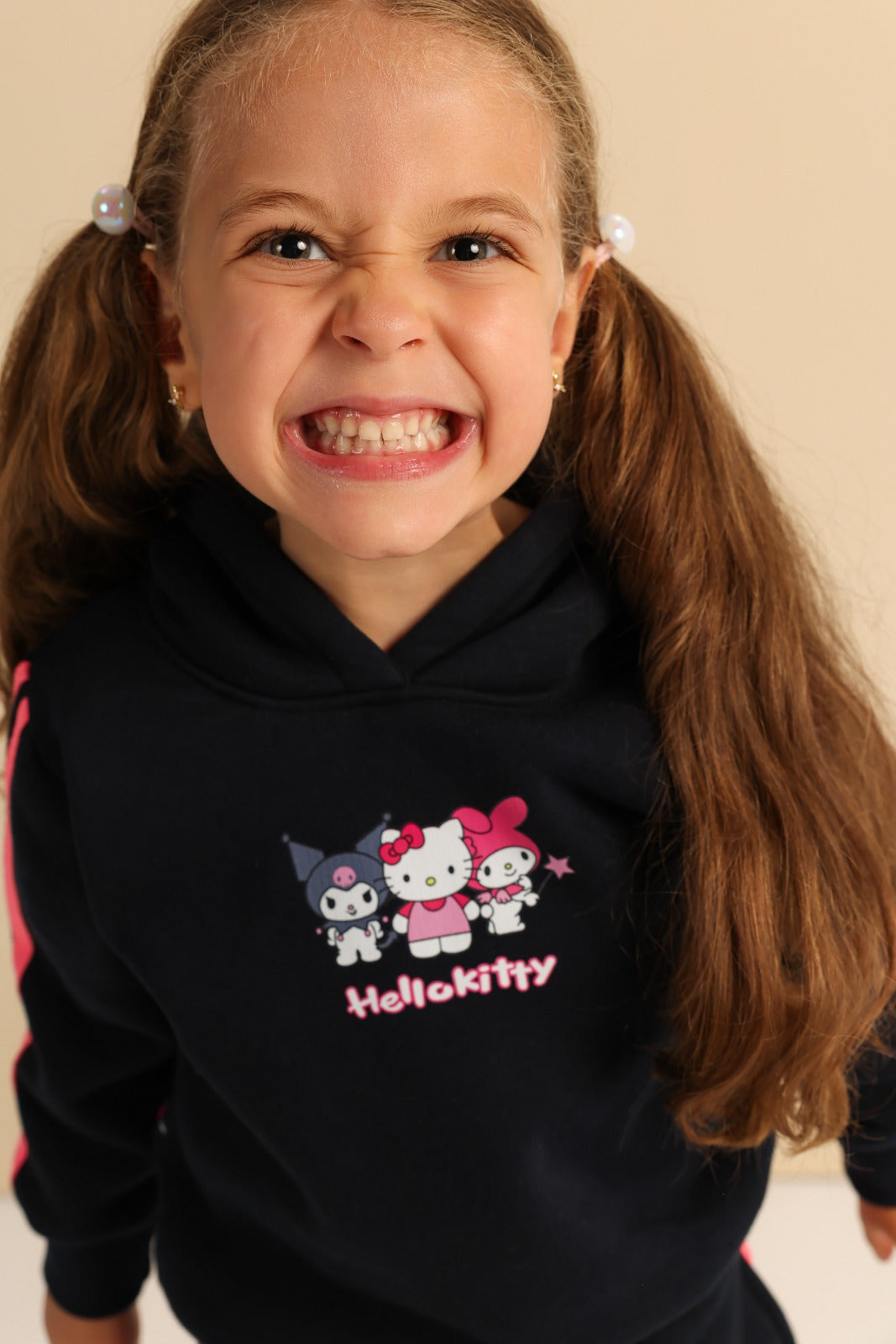 Girls’ Hello Kitty Black Tracksuit Set with Pink Stripes & Side Lace-Up Details – Hoodie and Wide-Leg Pants