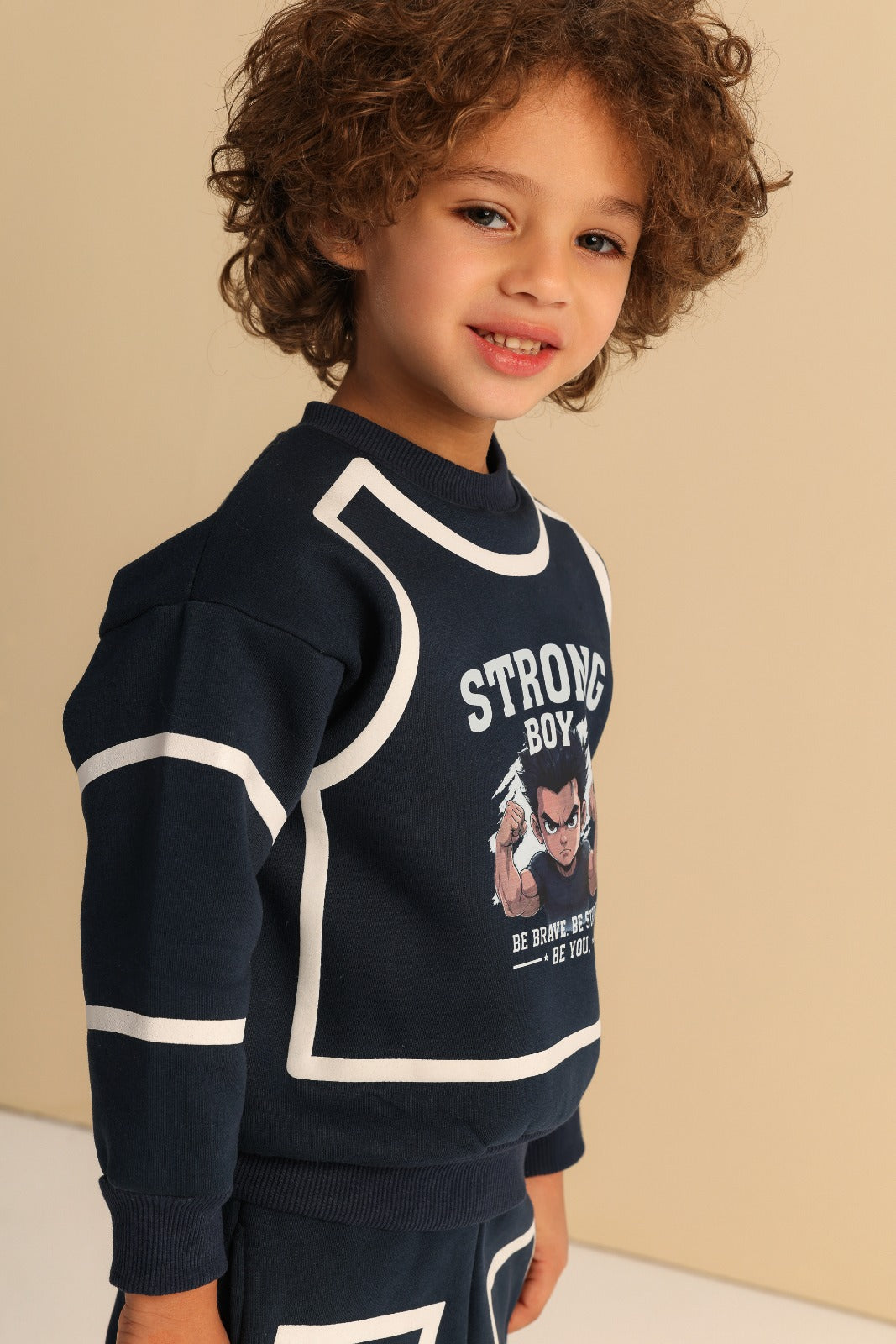 Boys’ Strong Boy Graphic Sweatshirt & Jogger Set – Navy Contrast Trim Tracksuit