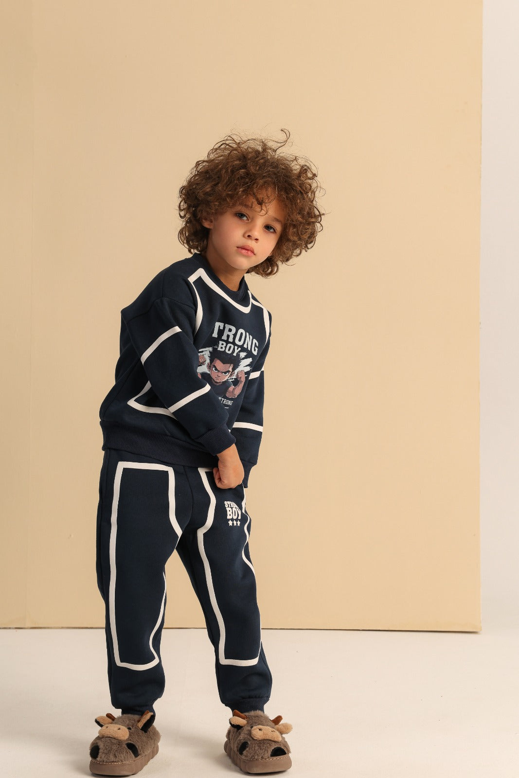 Boys’ Strong Boy Graphic Sweatshirt & Jogger Set – Navy Contrast Trim Tracksuit