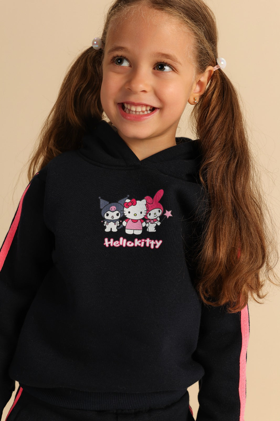Girls’ Hello Kitty Black Tracksuit Set with Pink Stripes & Side Lace-Up Details – Hoodie and Wide-Leg Pants