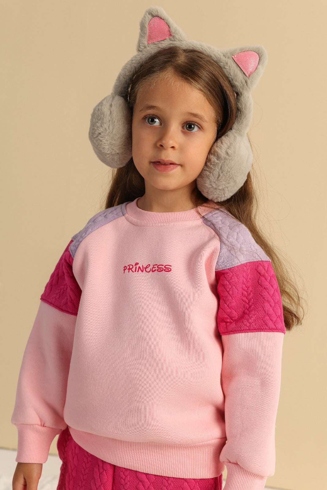 Girls’ Pink Sweatshirt & Textured Jogger Set with Bow Castle Graphic