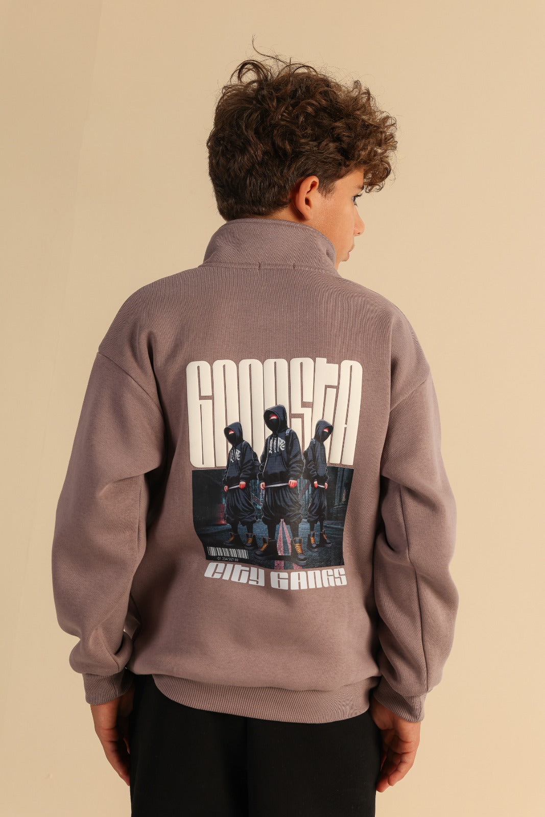 Boys’ Half-Zip Sweatshirt with Zipper Pockets & Wide-Leg Pants – Taupe and Black Casual Outfit