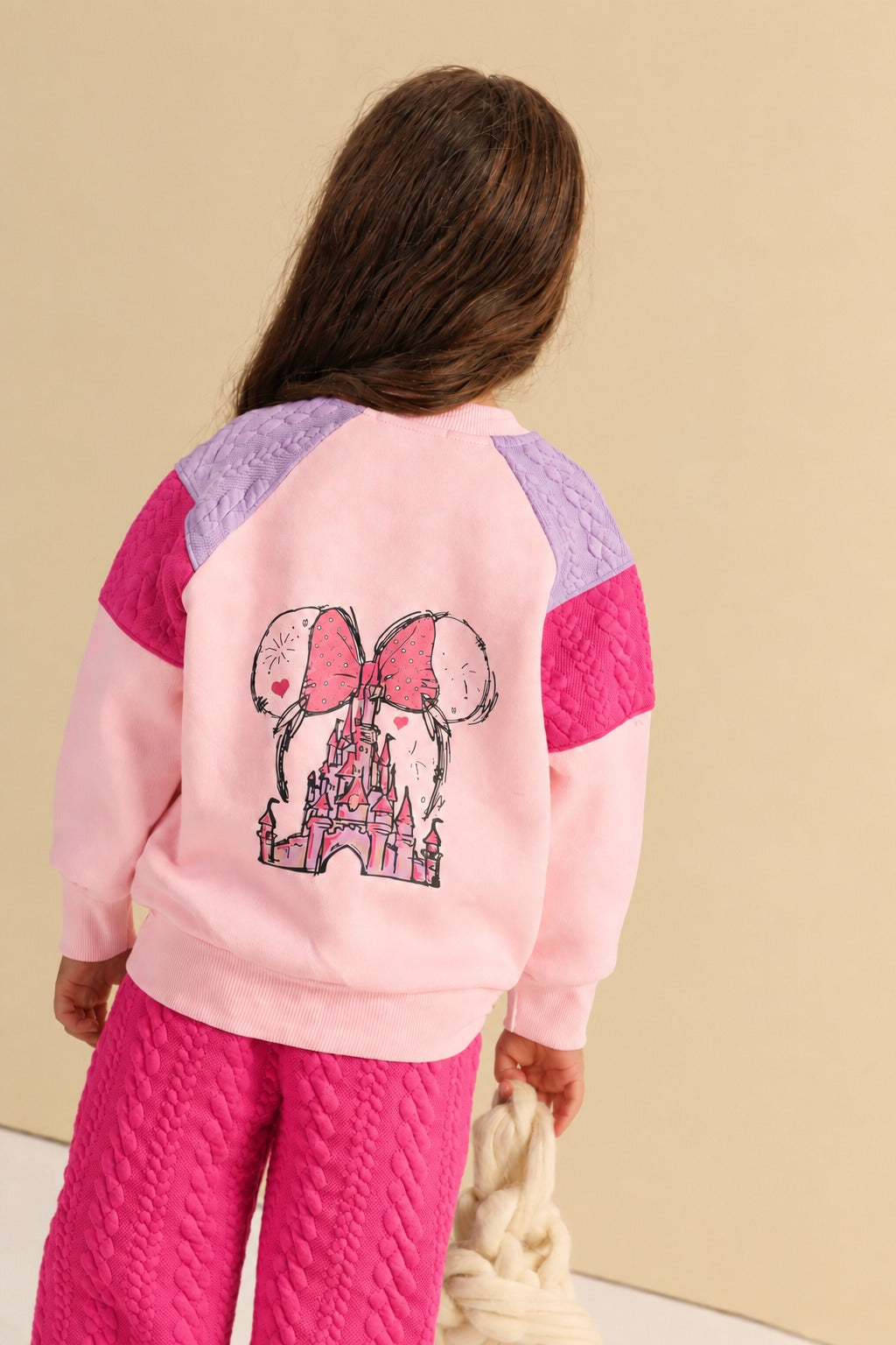 Girls’ Pink Sweatshirt & Textured Jogger Set with Bow Castle Graphic