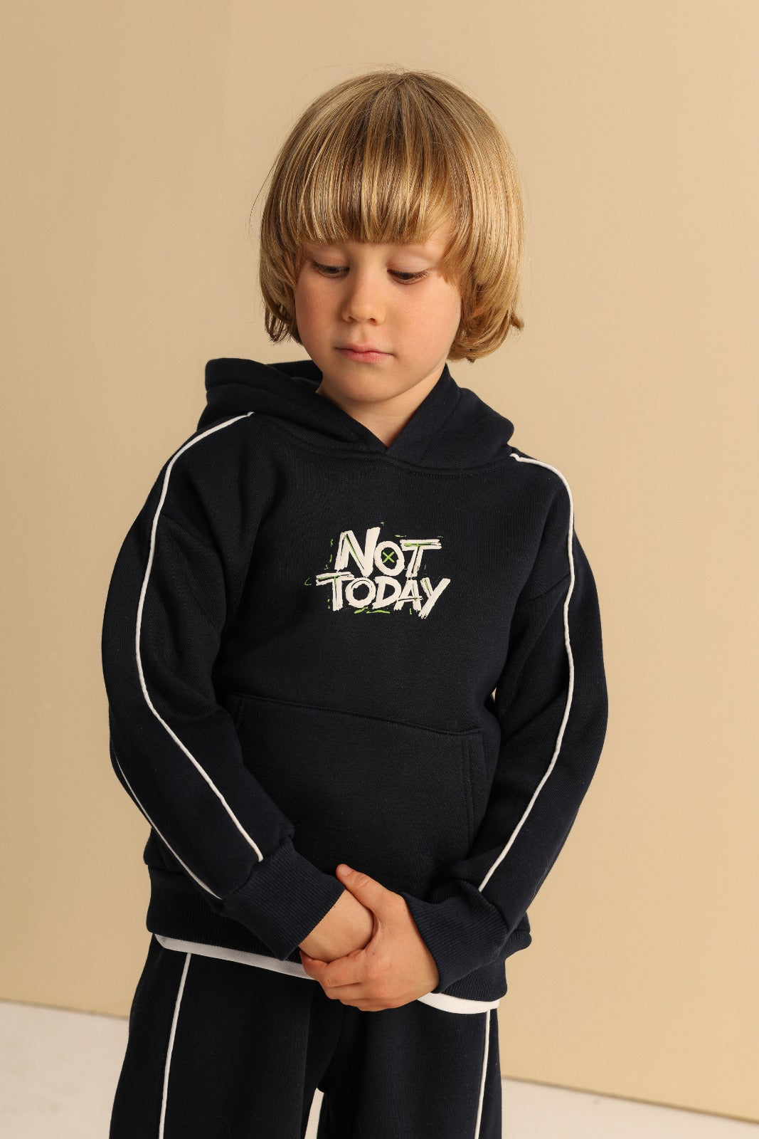Boys’ Navy Blue Hoodie and Cargo Jogger Set with Graphic Print & White Piping