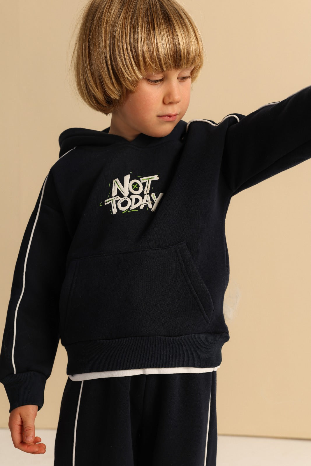 Boys’ Navy Blue Hoodie and Cargo Jogger Set with Graphic Print & White Piping