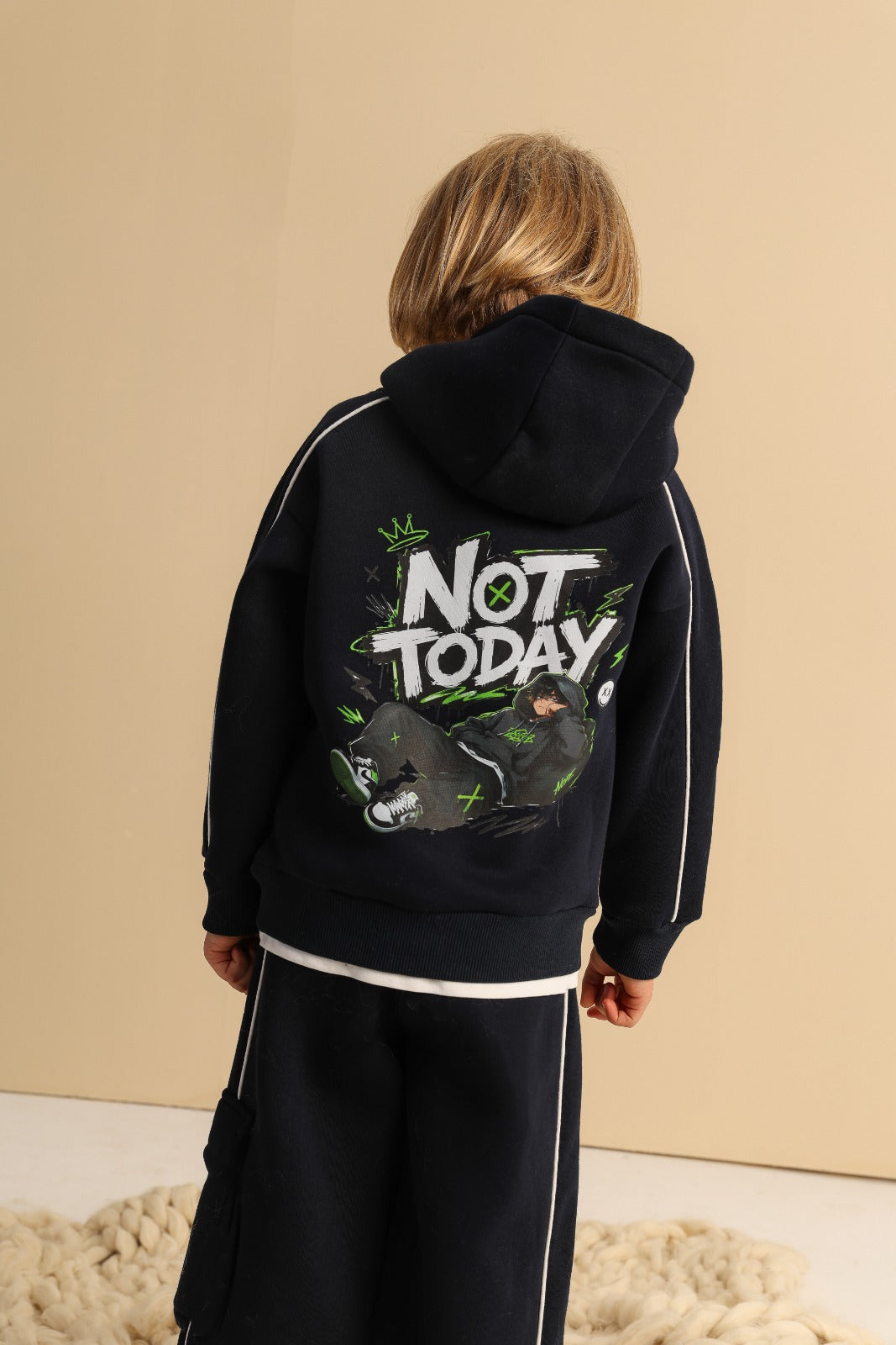 Boys’ Navy Blue Hoodie and Cargo Jogger Set with Graphic Print & White Piping