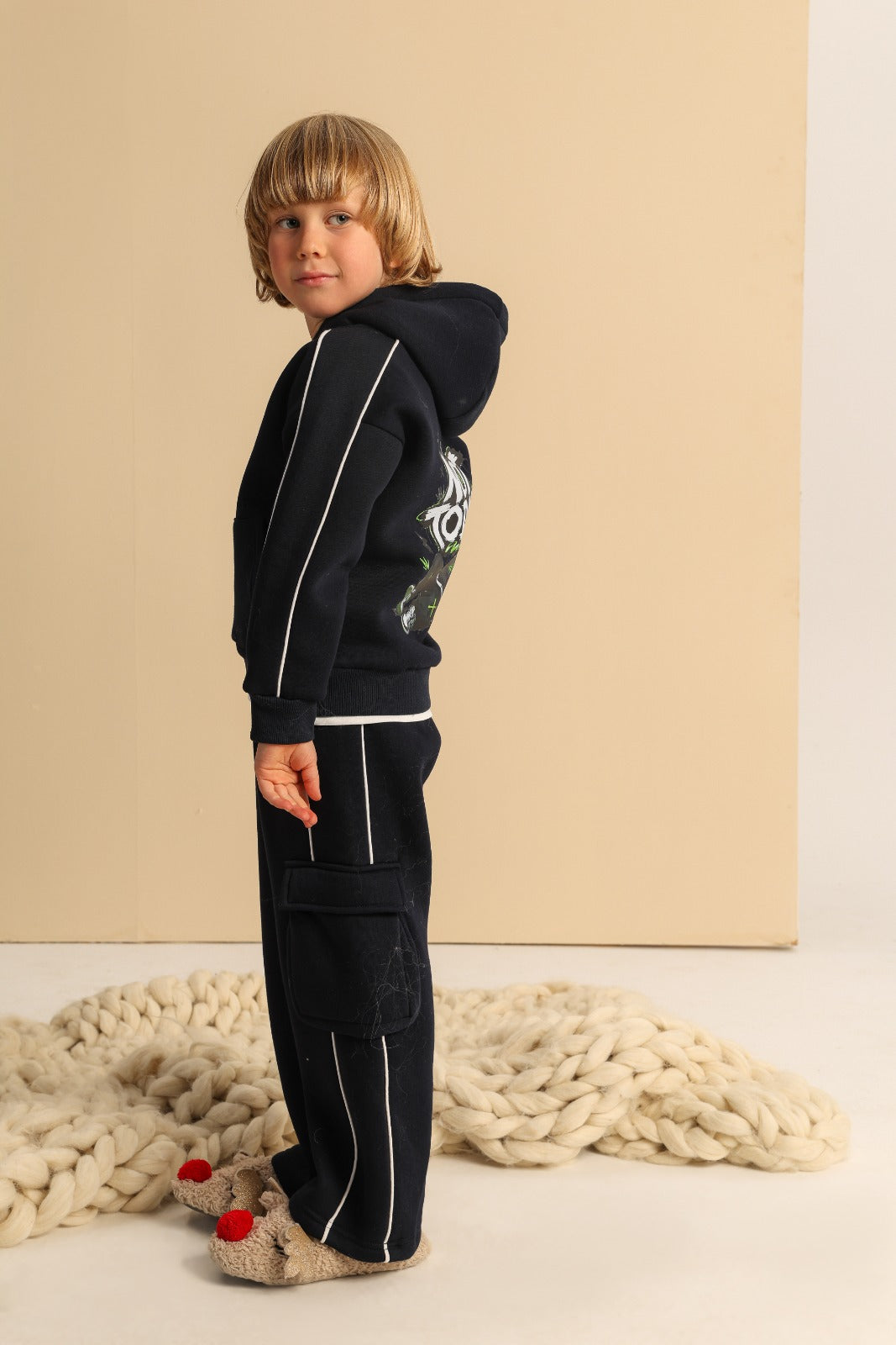 Boys’ Navy Blue Hoodie and Cargo Jogger Set with Graphic Print & White Piping