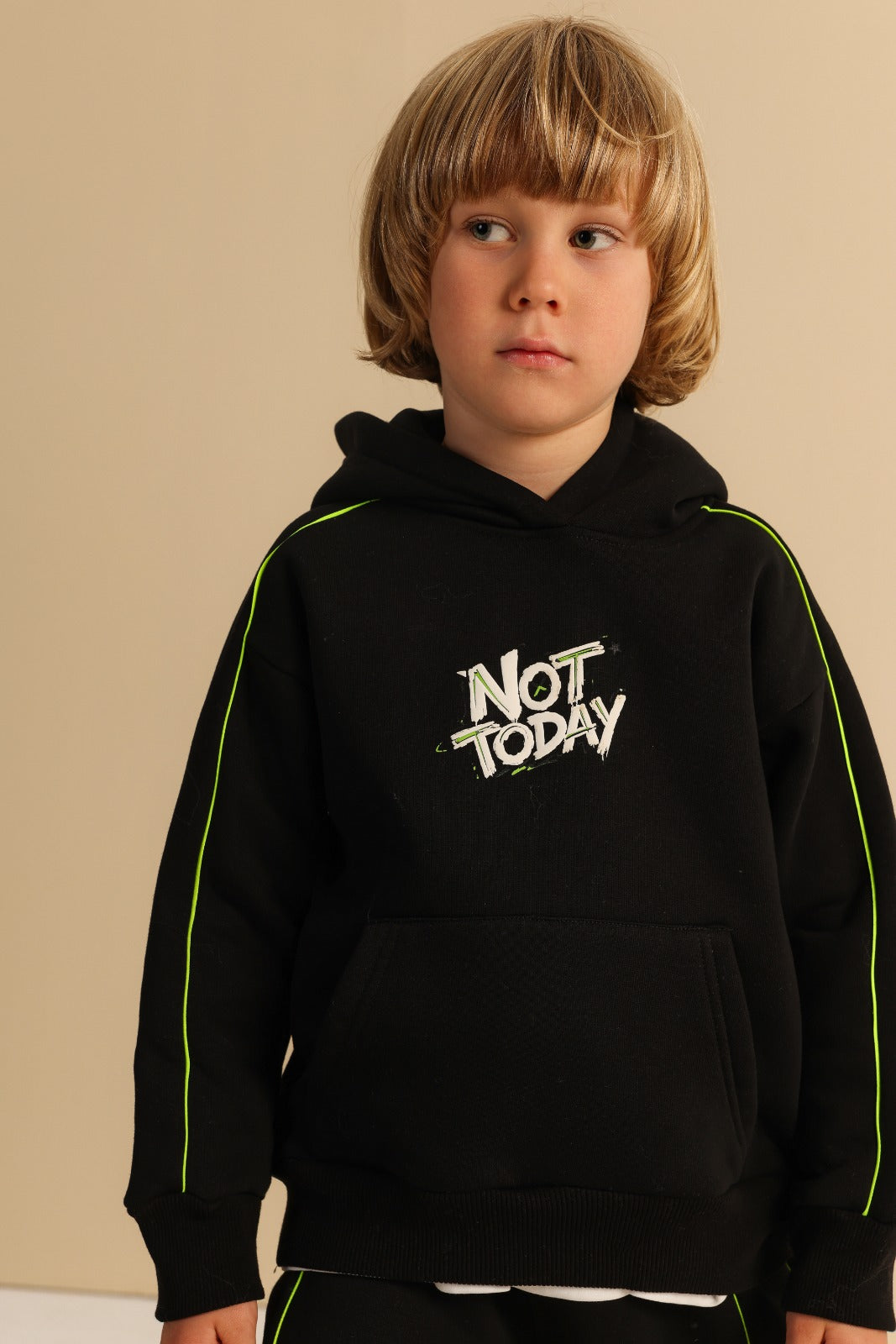 Boys Midnight Black Hoodie and Cargo Jogger Set – White Piping Detail