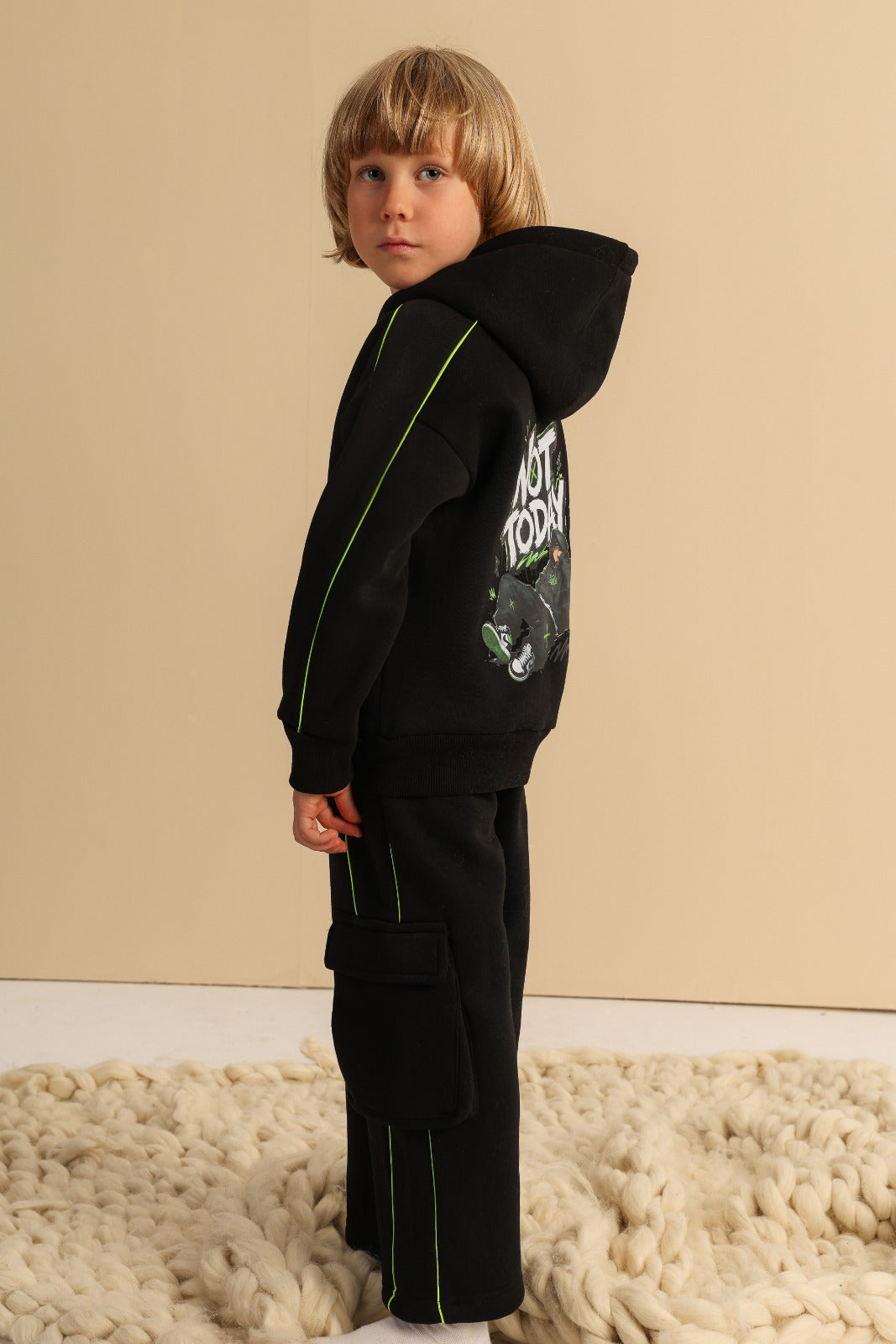 Boys Midnight Black Hoodie and Cargo Jogger Set – White Piping Detail