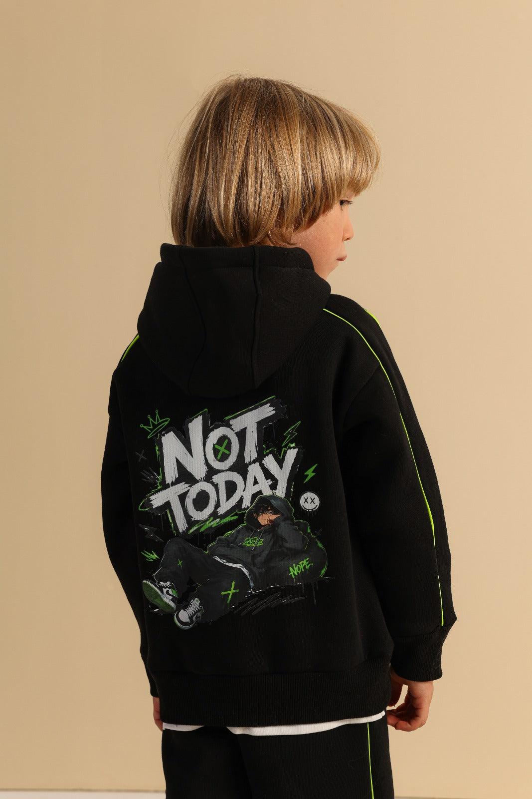 Boys Midnight Black Hoodie and Cargo Jogger Set – White Piping Detail