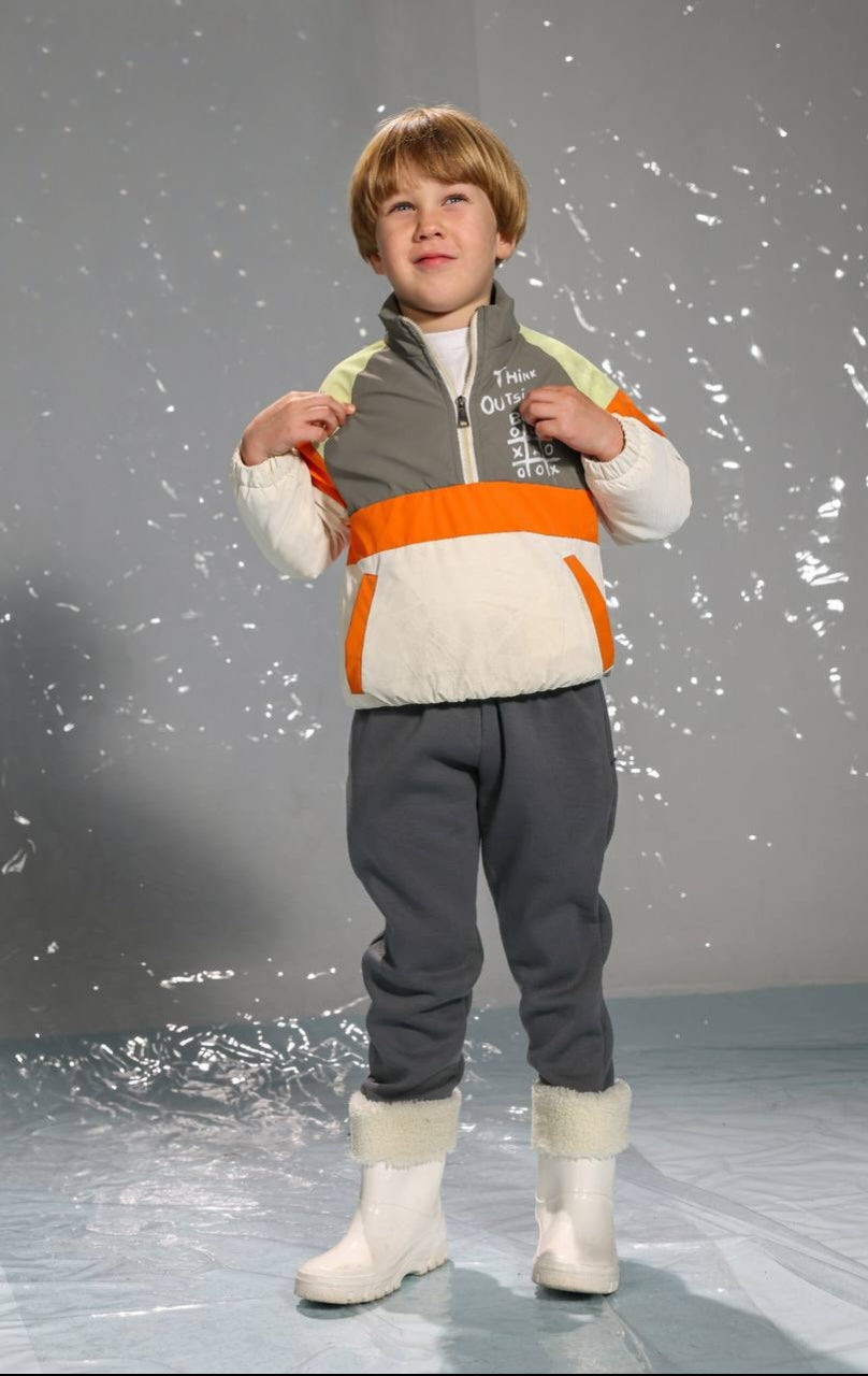 Kids Color Block Quarter-Zip Windbreaker Jacket – Orange, Grey & Cream