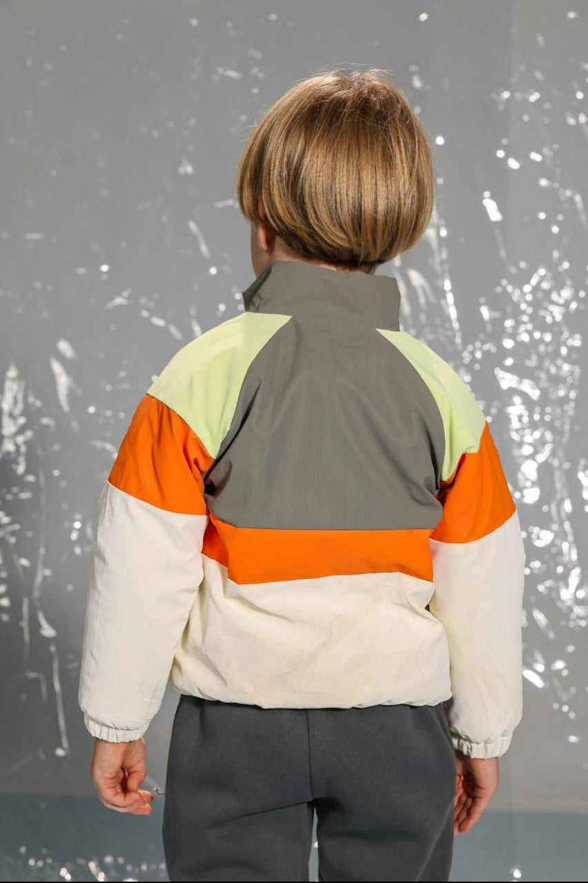 Kids Color Block Quarter-Zip Windbreaker Jacket – Orange, Grey & Cream