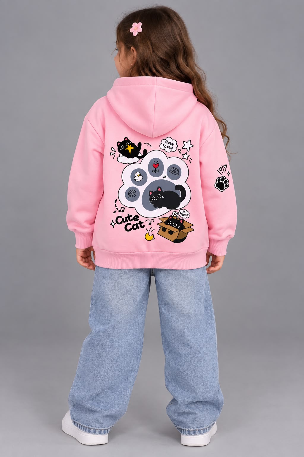 Girls’ Pink Cute Cat Graphic Hoodie – Cozy Pullover Sweatshirt with Front Pocket