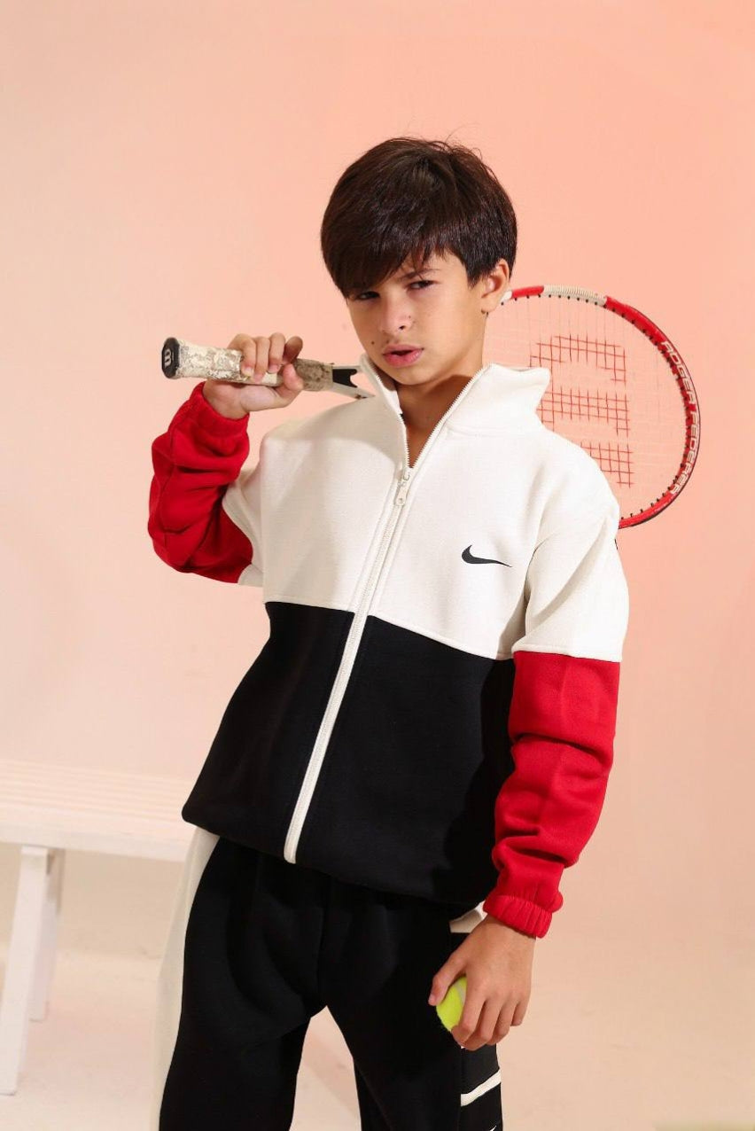 Boys’ Sporty Color Block Tracksuit Set – Red, Black & White Zip-Up Jacket with Jogger Pants