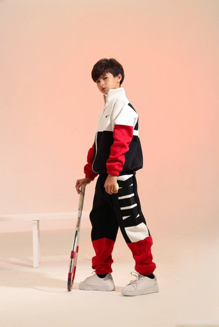 Boys’ Sporty Color Block Tracksuit Set – Red, Black & White Zip-Up Jacket with Jogger Pants