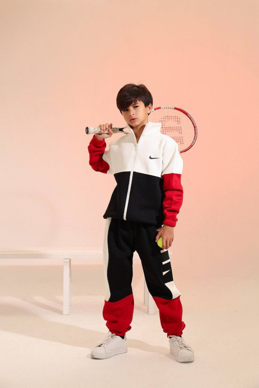Boys’ Sporty Color Block Tracksuit Set – Red, Black & White Zip-Up Jacket with Jogger Pants