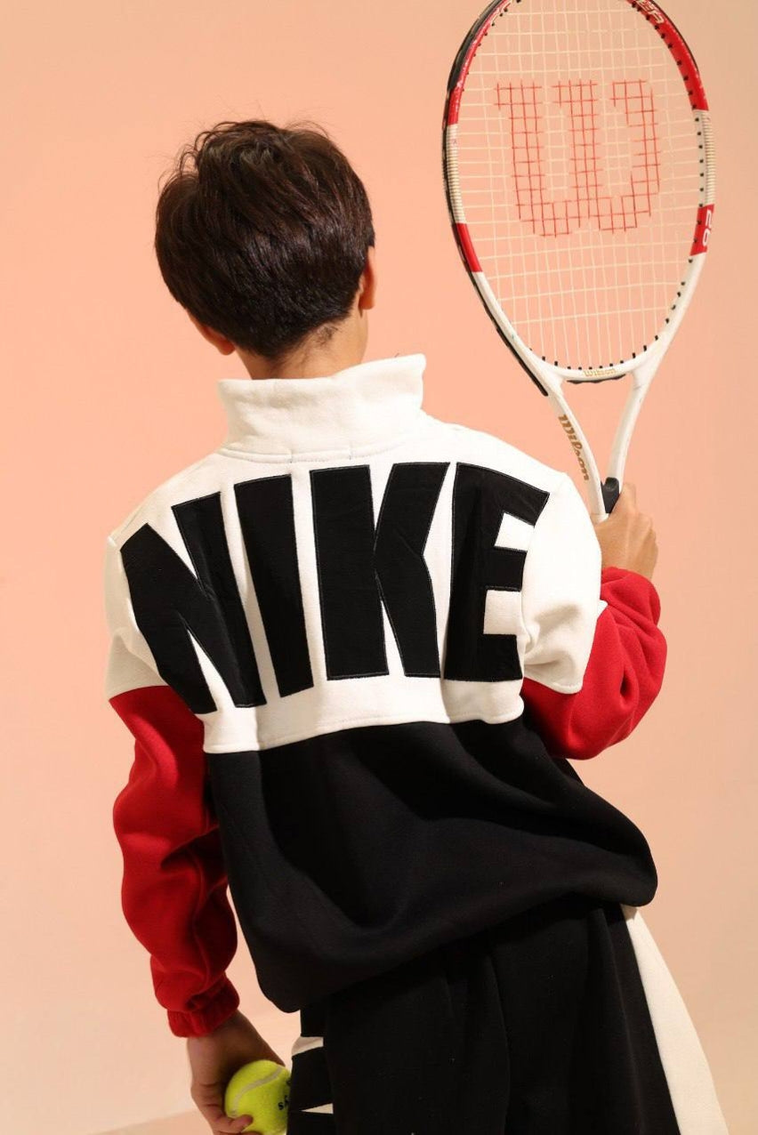Boys’ Sporty Color Block Tracksuit Set – Red, Black & White Zip-Up Jacket with Jogger Pants