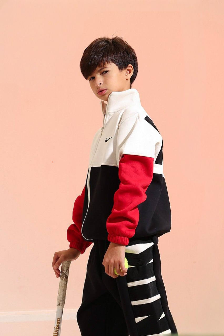 Boys’ Sporty Color Block Tracksuit Set – Red, Black & White Zip-Up Jacket with Jogger Pants