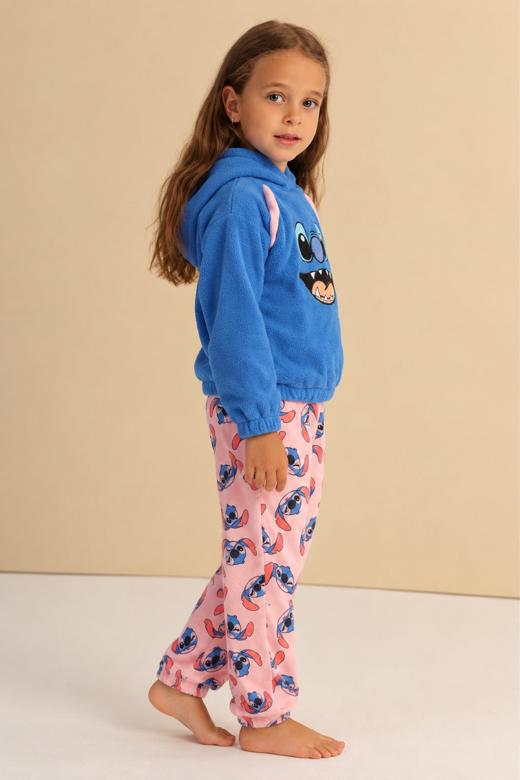 Girls’ Stitch Fleece Hoodie & Printed Pajama Pants Set – Blue and Pink Cozy Loungewear
