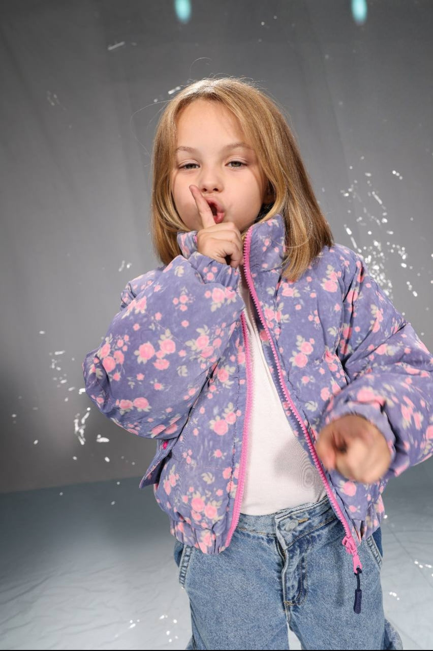 Girls’ Floral Puffer Jacket – Warm Quilted Winter Coat with Pink Zipper
