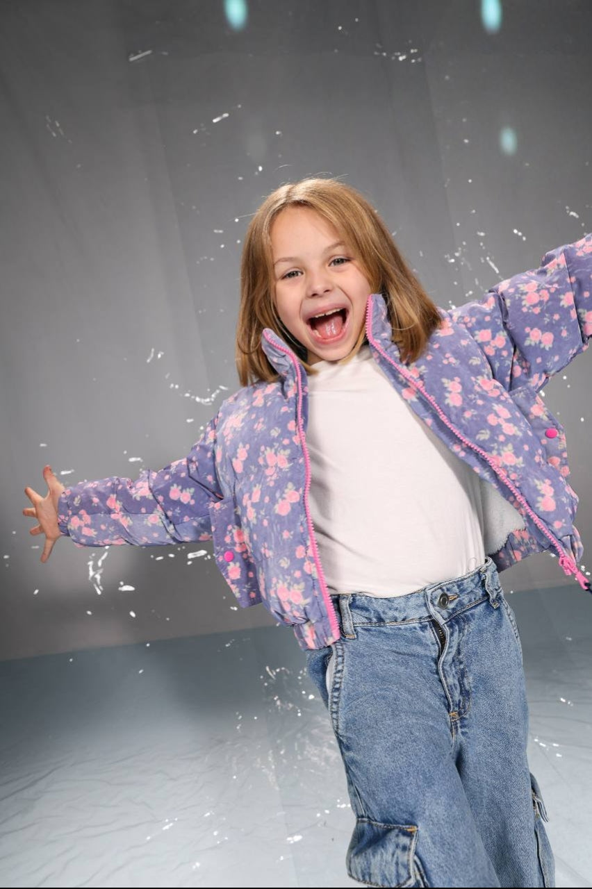 Girls’ Floral Puffer Jacket – Warm Quilted Winter Coat with Pink Zipper