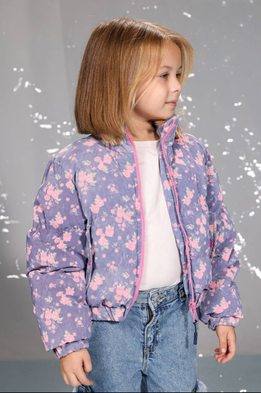 Girls’ Floral Puffer Jacket – Warm Quilted Winter Coat with Pink Zipper