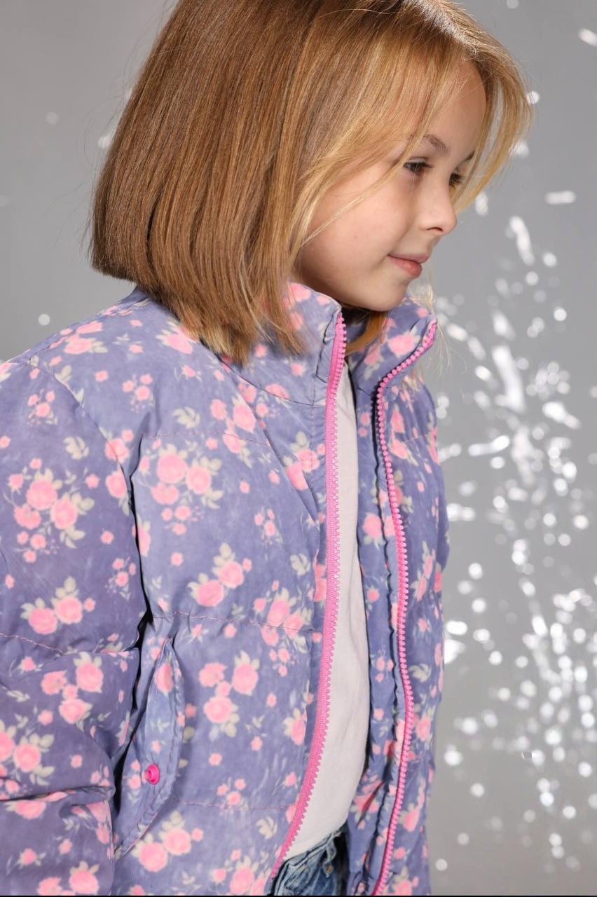 Girls’ Floral Puffer Jacket – Warm Quilted Winter Coat with Pink Zipper