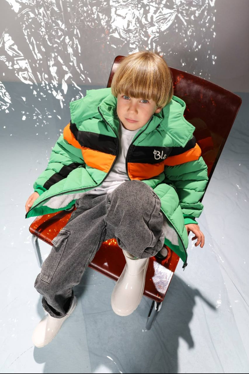 Boys’ Color Block Puffer Jacket – Green, Orange & Black Quilted Winter Coat with Hood