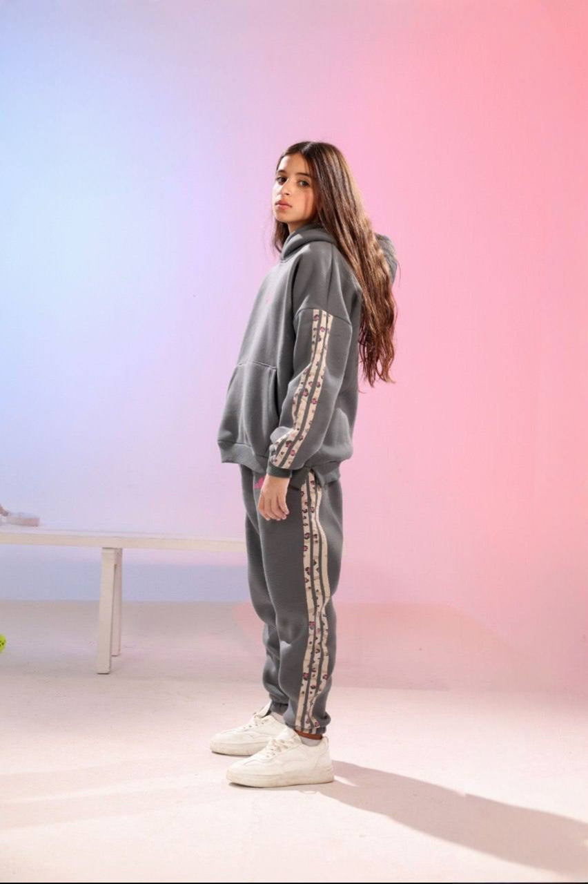 Girls’ Grey Hoodie & Jogger Tracksuit Set with Contrast Sleeve Tape