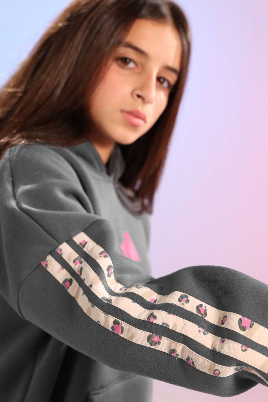 Girls’ Grey Hoodie & Jogger Tracksuit Set with Contrast Sleeve Tape