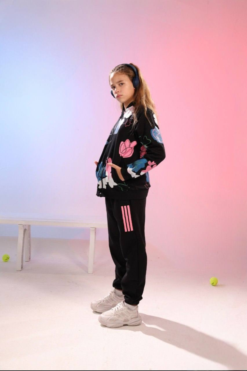 Girls’ Black Floral Zip-Up Tracksuit Set with Colorful Printed Hoodie & Joggers