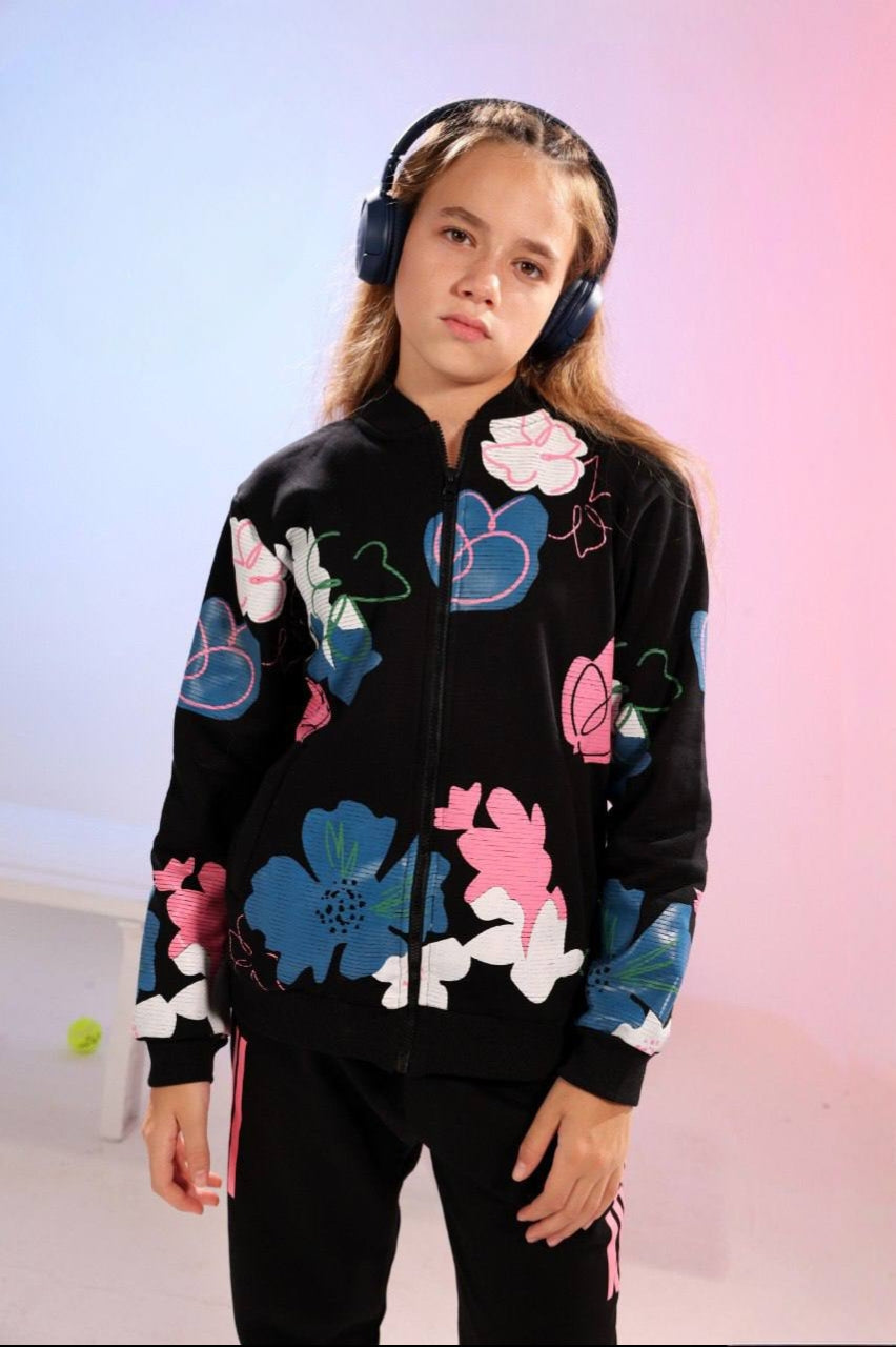 Girls’ Black Floral Zip-Up Tracksuit Set with Colorful Printed Hoodie & Joggers