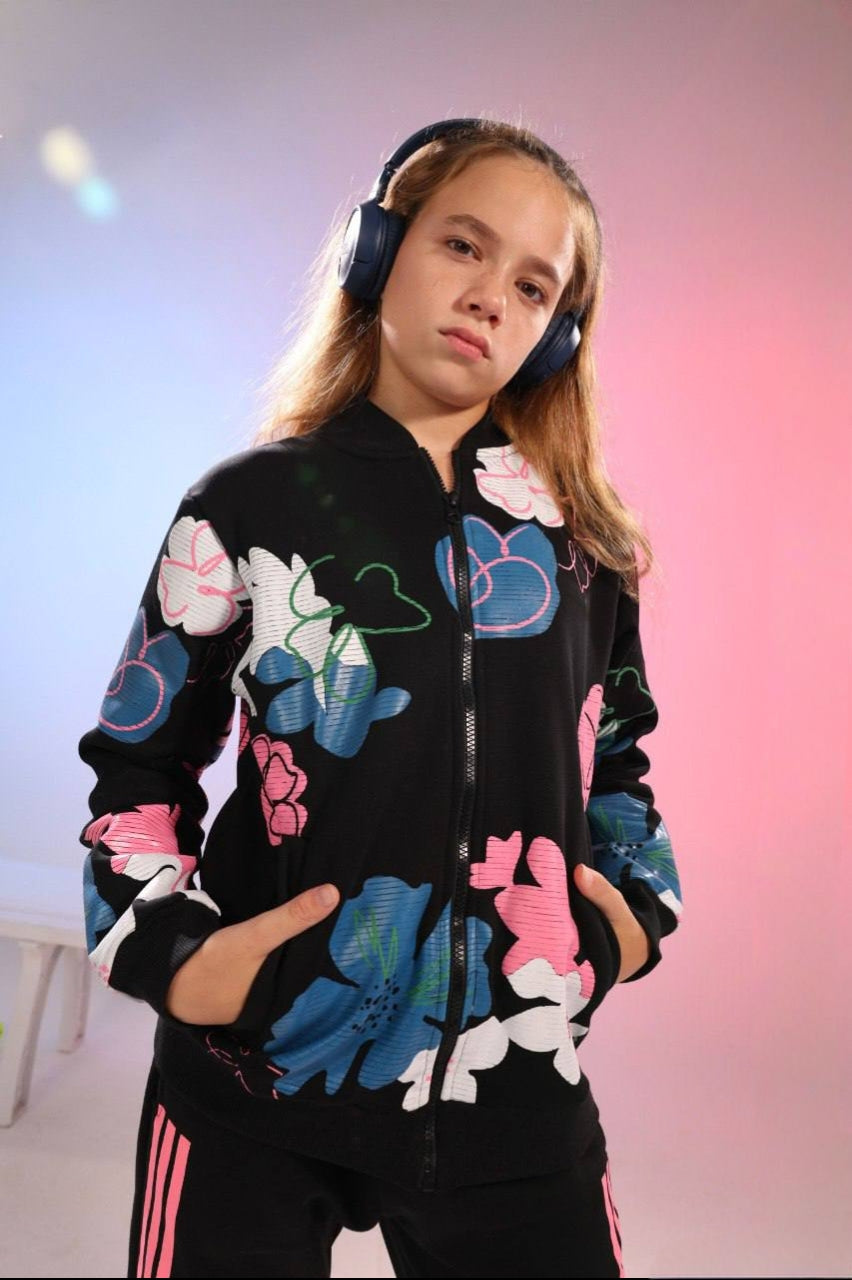 Girls’ Black Floral Zip-Up Tracksuit Set with Colorful Printed Hoodie & Joggers
