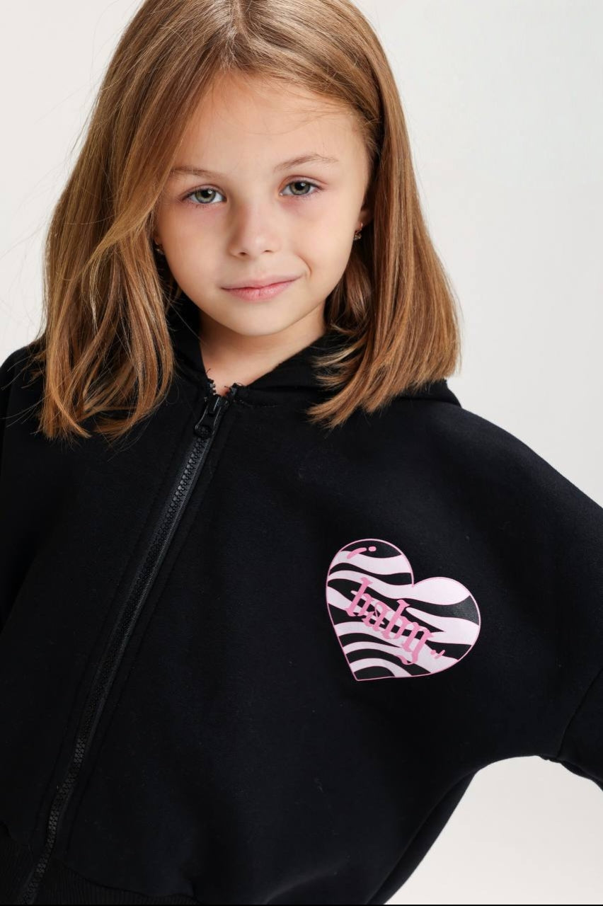 Girls’ Black Zip-Up Hoodie & Pink Cargo Pants Set – Casual Two-Piece Outfit