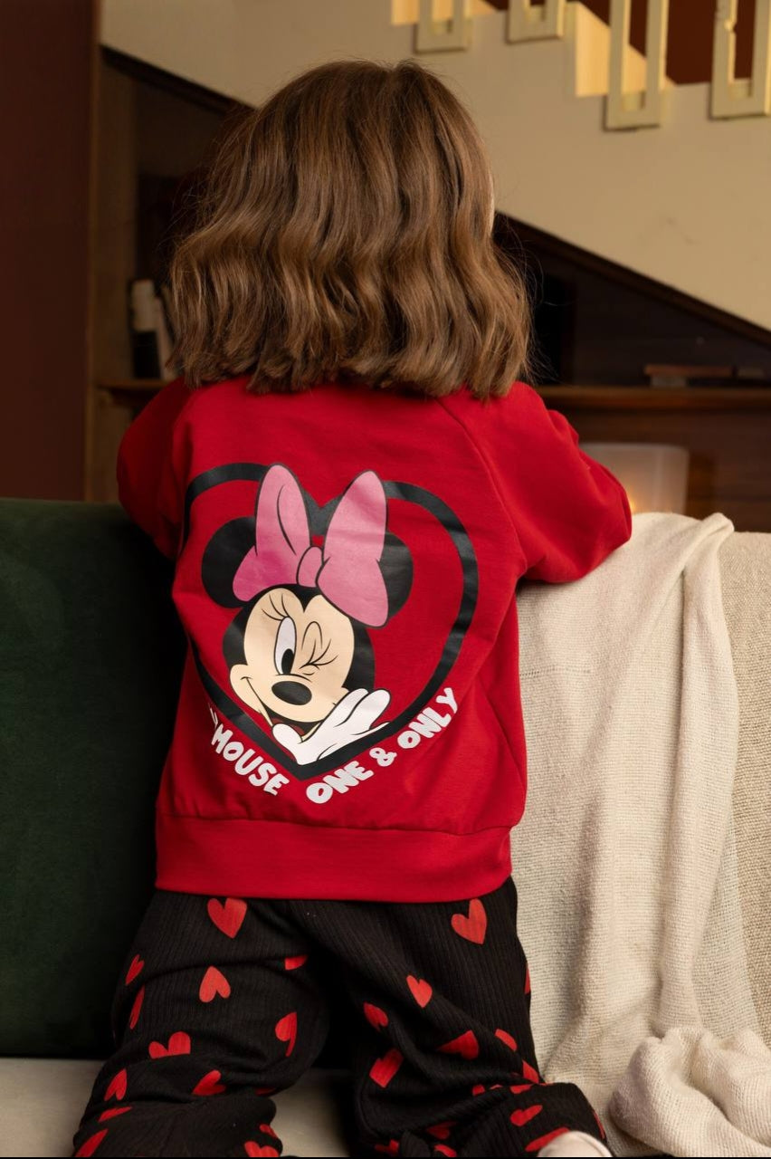 Girls’ Minnie Mouse Sweatshirt & Heart Print Wide-Leg Pants Set – Red and Black Two-Piece Outfit