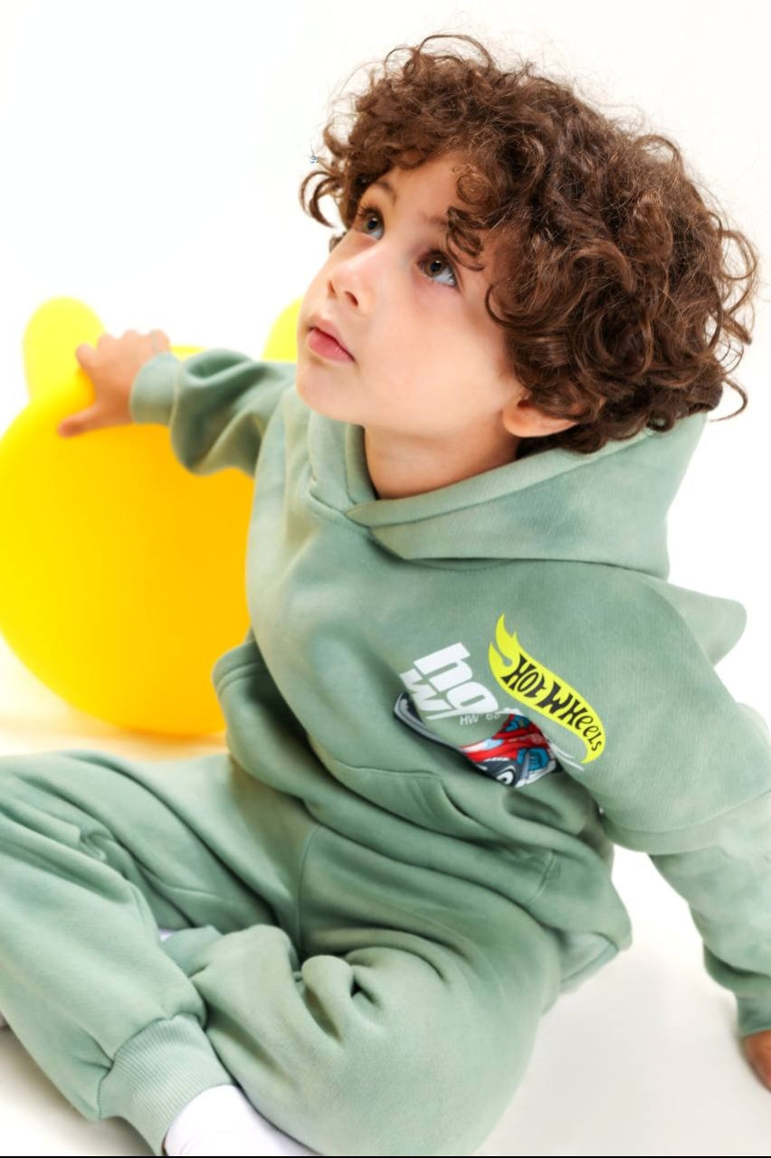Kids' Sage Green Racing Print Hoodie & Jogger Set – Sporty Two-Piece Tracksuit