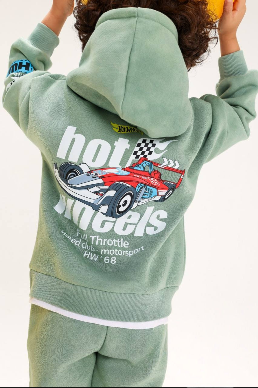 Kids' Sage Green Racing Print Hoodie & Jogger Set – Sporty Two-Piece Tracksuit